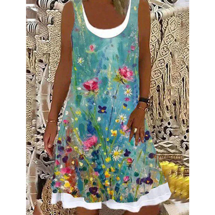 Butterfly Print Sleeveless Fake Two-piece Loose Casual Dress