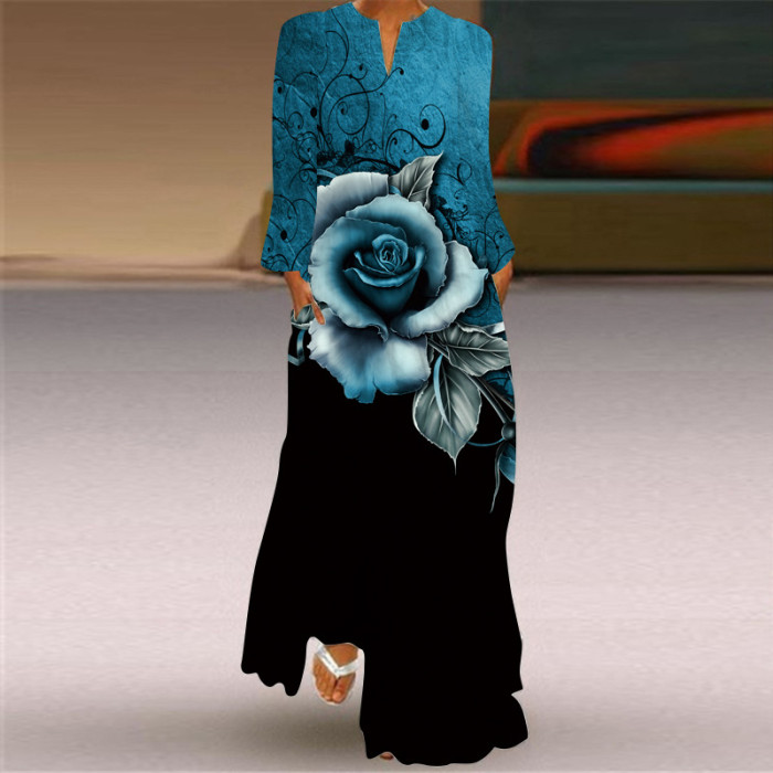 Vintage Print Fashion V Neck Long Sleeve Pocket Party Maxi Dress
