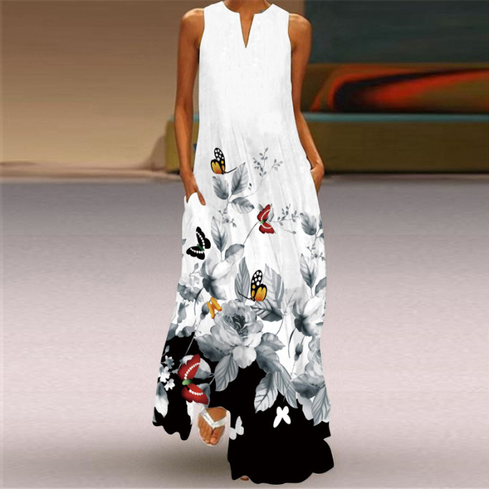 Fashion Long Printed Sleeveless Elegant V Neck Casual Wedding Guest Dresses