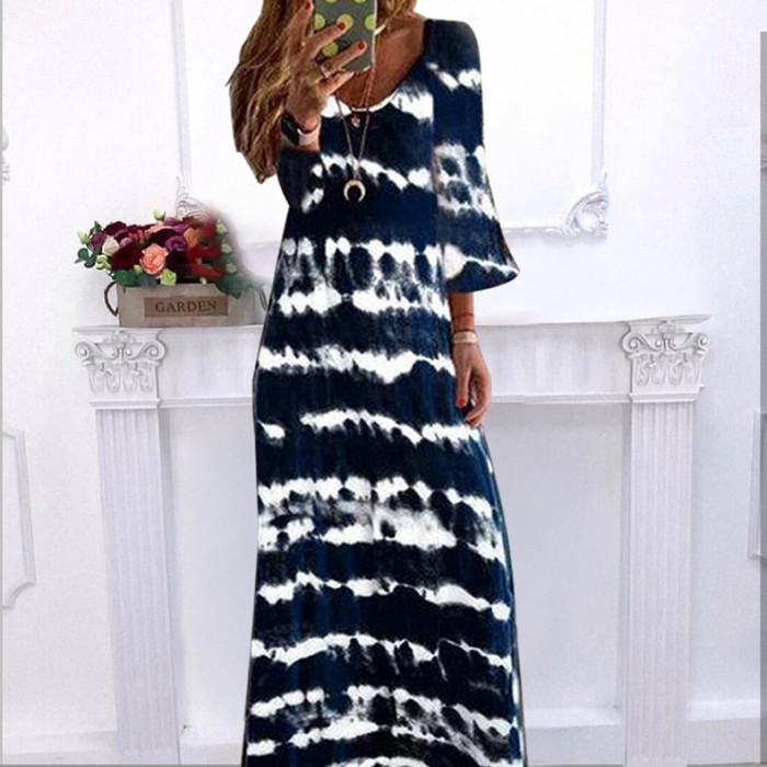 Fashionable V-neck Loose Casual Tie-Dye Printed Stripe  Maxi Dress