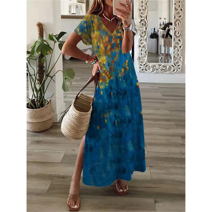 Fashion Floral Short Sleeve Elegant Party Loose Casual Maxi Dresses