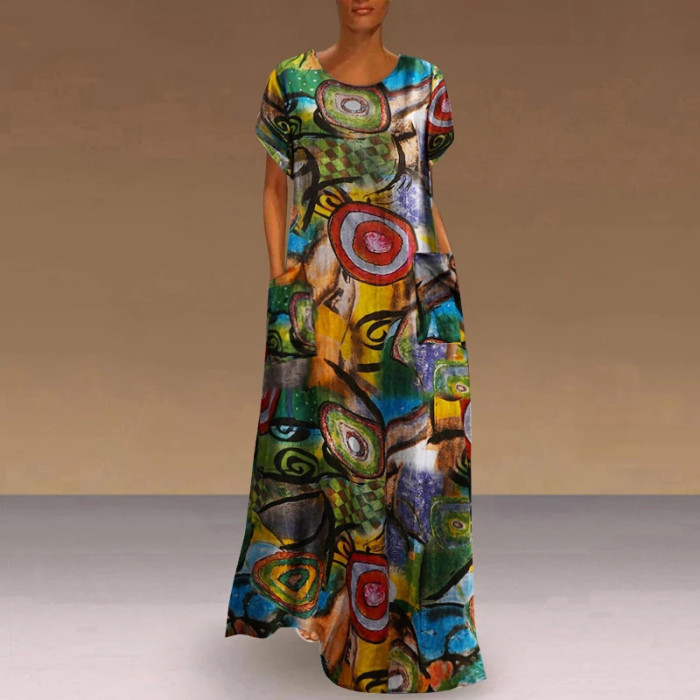 Fashion Elegant O Neck Boho Party Casual Vintage Print Maxi Dress
