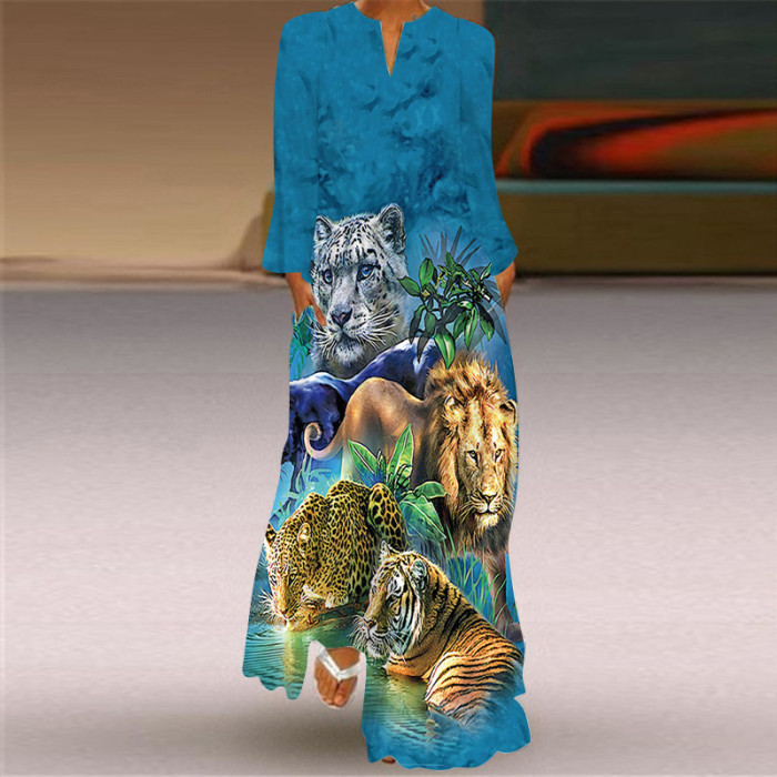 Vintage Print Fashion V Neck Long Sleeve Pocket Party Maxi Dress