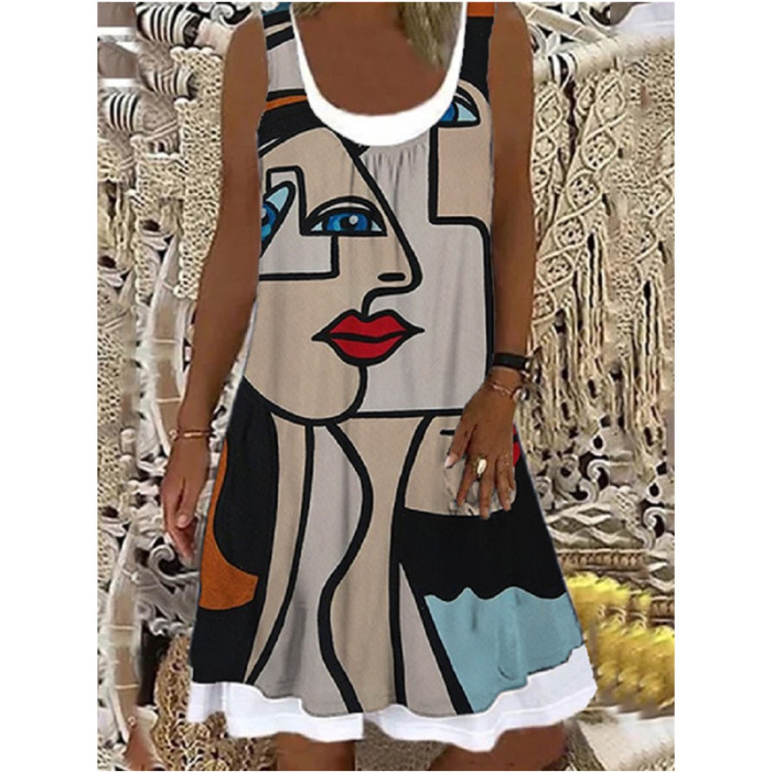 Fashion Sleeveless Print Loose Casual Beach Dress