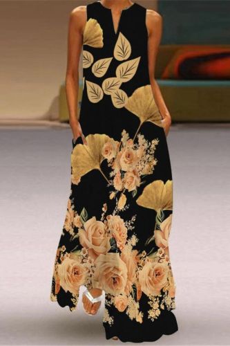 Fashion Long Printed Sleeveless Elegant V Neck Casual Wedding Guest Dresses