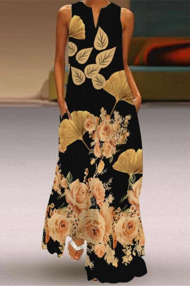 Fashion Long Printed Sleeveless Elegant V Neck Casual Wedding Guest Dresses