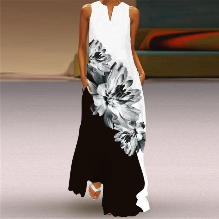Fashion Long Printed Sleeveless Elegant V Neck Casual Wedding Guest Dresses