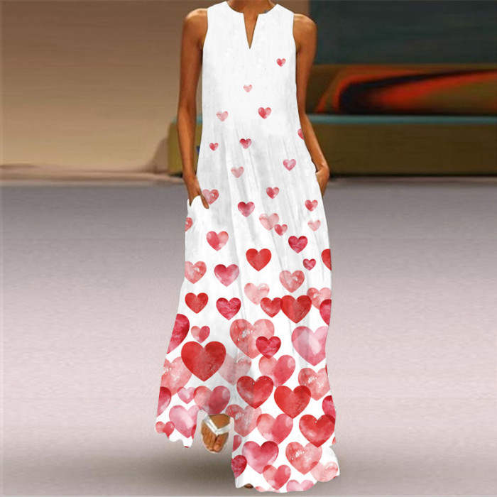 Ladies Casual Printed V Neck Holiday Beach Party Sleeveless A-Line Maxi Dress