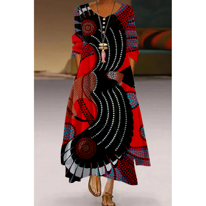 Vintage Art Print Ruffle Elegant Long Sleeve Fashion Loose V Neck  Wedding Guest Dresses