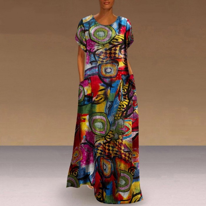 Fashion Elegant O Neck Boho Party Casual Vintage Print Maxi Dress