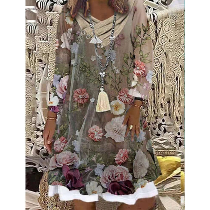 Trendy Bohemian Geometric Print Long Sleeves False Two Piece Casual Dress