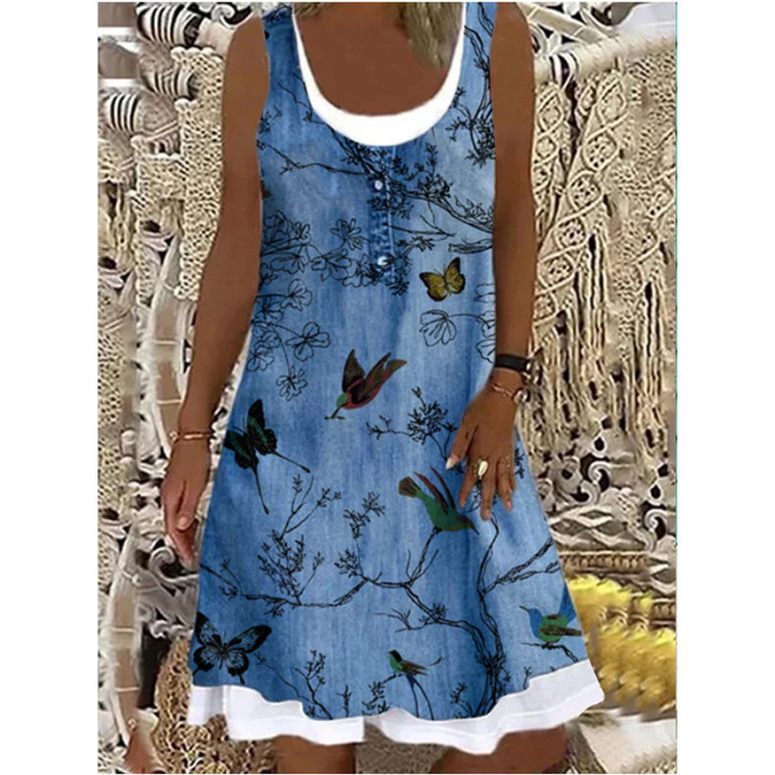 Fashion Butterfly Print Fake Two Piece Tank Top Bohemian Casual Dress