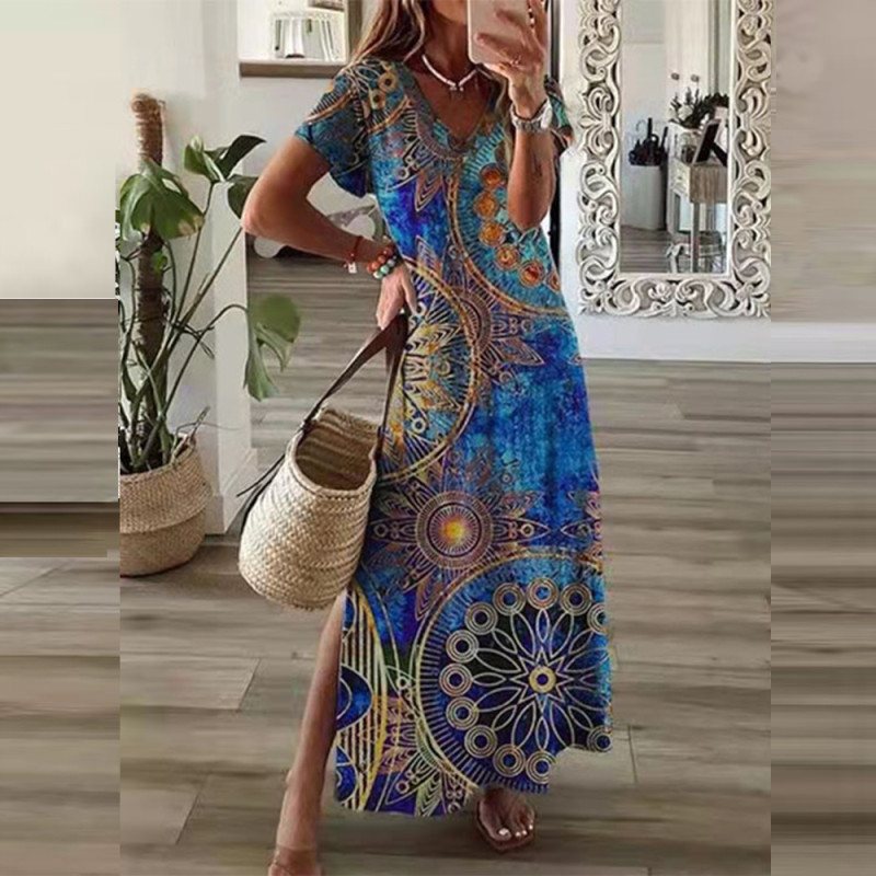 Vintage Print Elegant V Neck Loose Slit Casual Party Boho  Maxi Dress