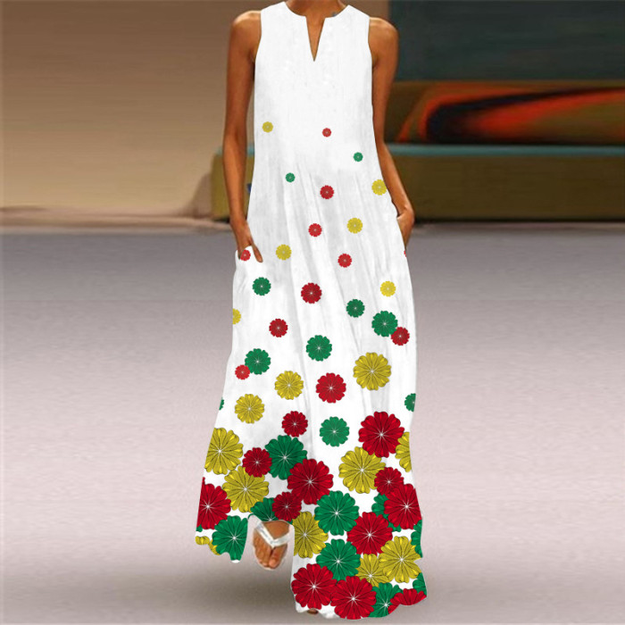 Ladies Casual Printed V Neck Holiday Beach Party Sleeveless A-Line Maxi Dress