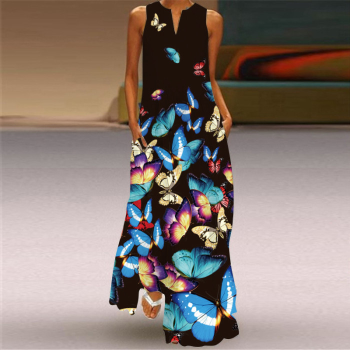 Fashion Long Printed Sleeveless Elegant V Neck Casual Wedding Guest Dresses