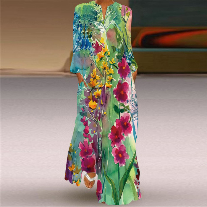 Vintage Print Fashion V Neck Long Sleeve Pocket Party Maxi Dress