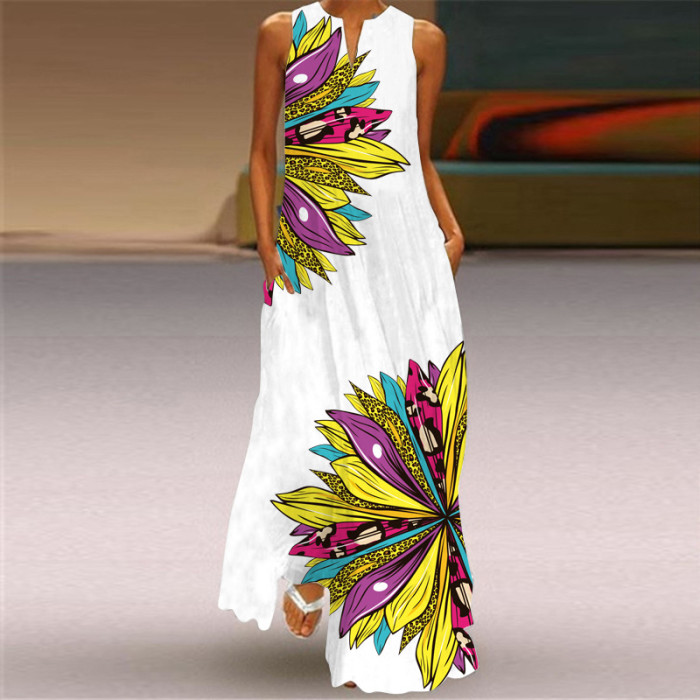 Ladies Casual Printed V Neck Holiday Beach Party Sleeveless A-Line Maxi Dress