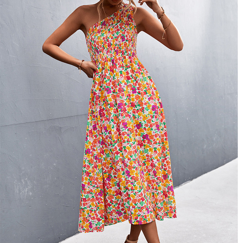 Sexy One Shoulder Floral Print Beach Sleeveless Elastic High Waist Boho Wedding Guest Dresses