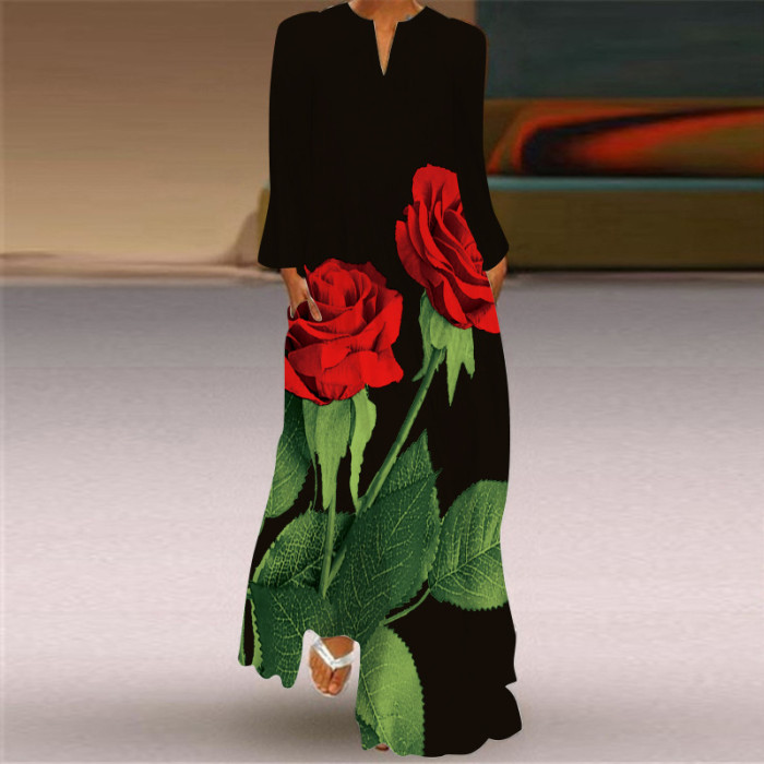 Vintage Print Fashion V Neck Long Sleeve Pocket Party Maxi Dress