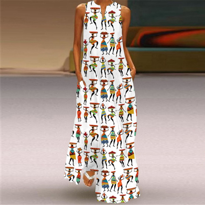 Fashion Long Printed Sleeveless Elegant V Neck Casual Wedding Guest Dresses