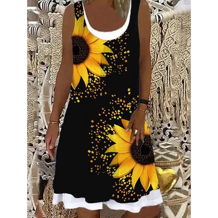 Fashion Floral Sleeveless Fake Two-piece Loose Casual Dress
