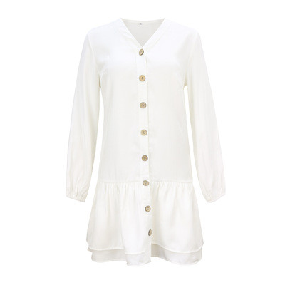 V Neck Button Long Sleeve Solid Color Mini Fashion Loose Casual Dress
