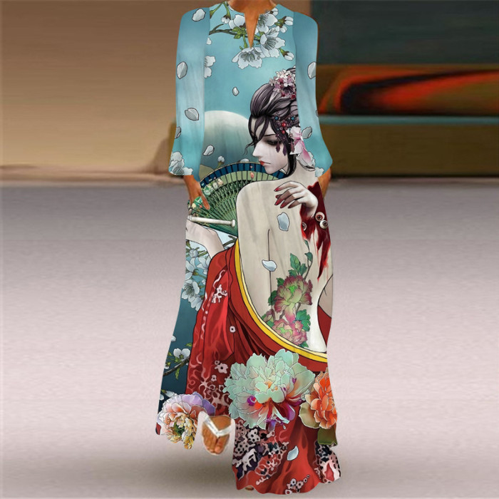 Vintage Print Fashion V Neck Long Sleeve Pocket Party Maxi Dress