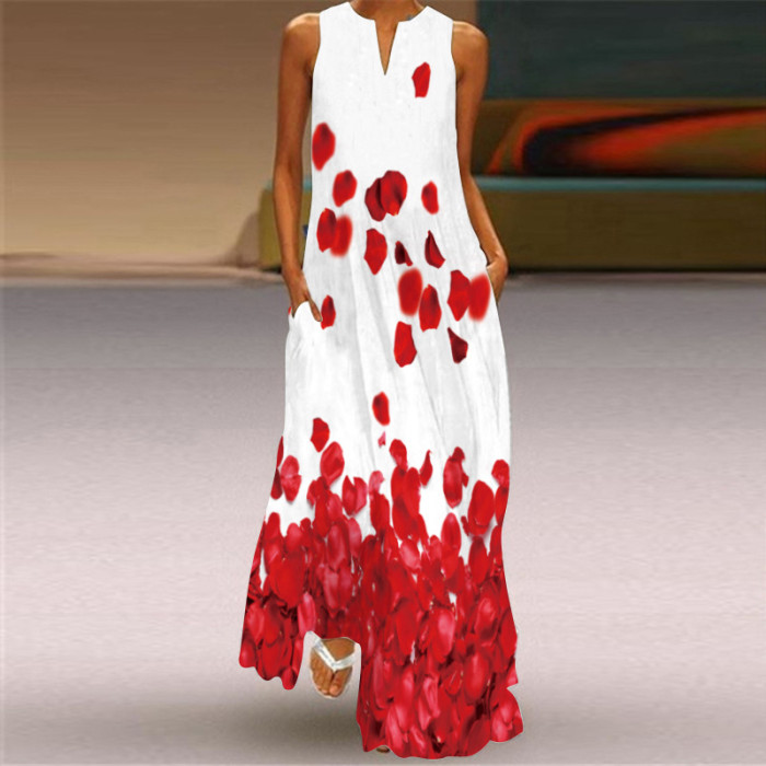 Fashion Long Printed Sleeveless Elegant V Neck Casual Wedding Guest Dresses