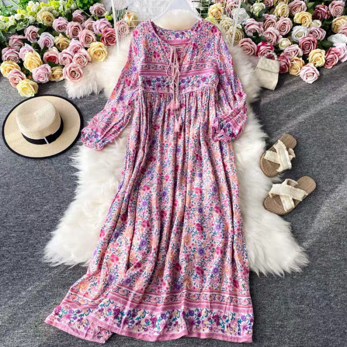 Trendy Long Sleeve Boho Vintage Elegant Printed O-Ring Fringe  Maxi Dress