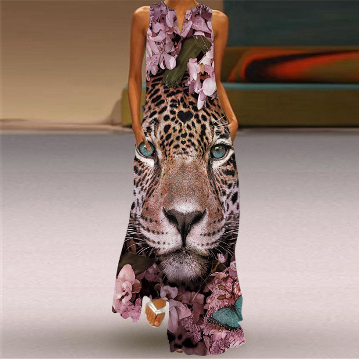 Trendy Sleeveless Print Beach Elegant V Neck Boho Party Wedding Guest Dresses