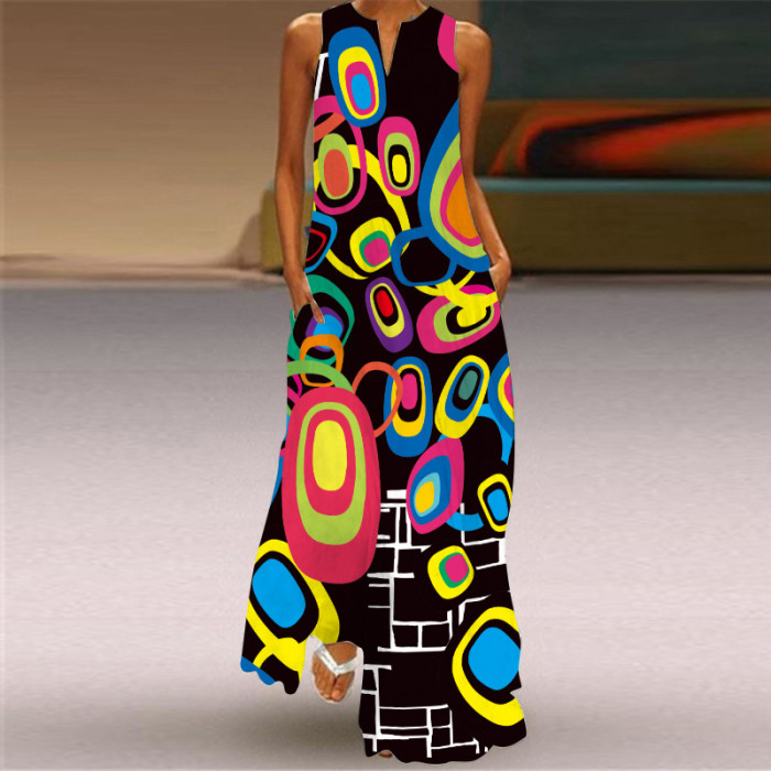 Ladies Casual Printed V Neck Holiday Beach Party Sleeveless A-Line Maxi Dress