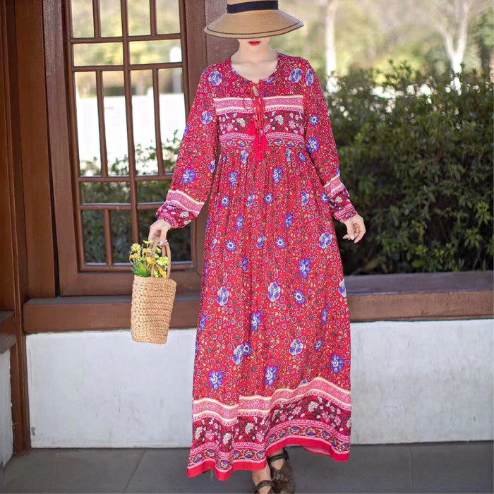 Trendy Long Sleeve Boho Vintage Elegant Printed O-Ring Fringe  Maxi Dress