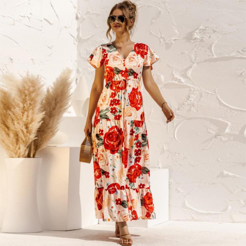 Women's Bohemian V Neck Print Tie Fashion Ruffled  Wedding Guest Dresses