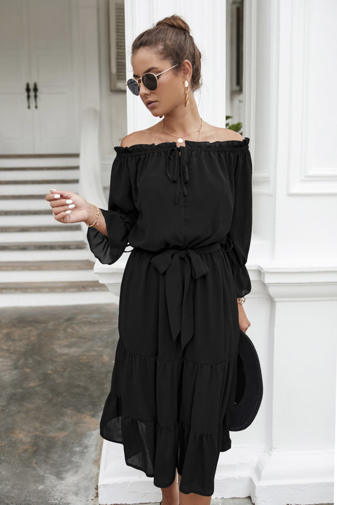 Sexy Off Shoulder Party Casual Solid Color High Waist Ruffle Loose Casual Dress
