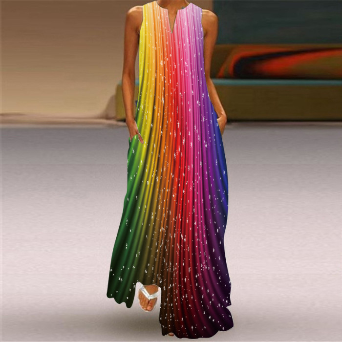 Ladies Casual Printed V Neck Holiday Beach Party Sleeveless A-Line Maxi Dress