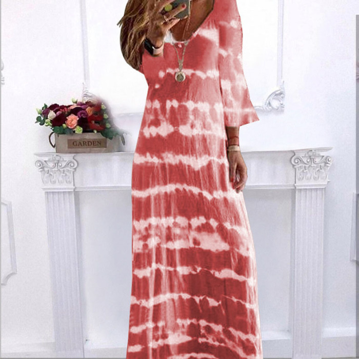 Fashionable V-neck Loose Casual Tie-Dye Printed Stripe  Maxi Dress
