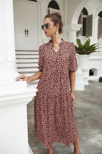 Polka-Dot V-Neck Loose Elegant High-Rise A-Line Ruffle Midi Dress