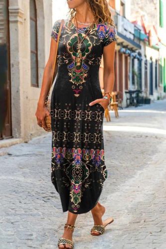 Slim Fit O-Neck Printed Bohemian Relaxed Linen  Maxi Dress