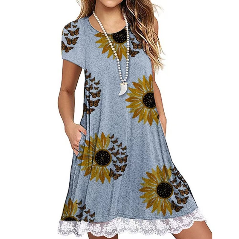 Lace Stitching Round Neck Elegant Party Fashion Irregular Casual Dress