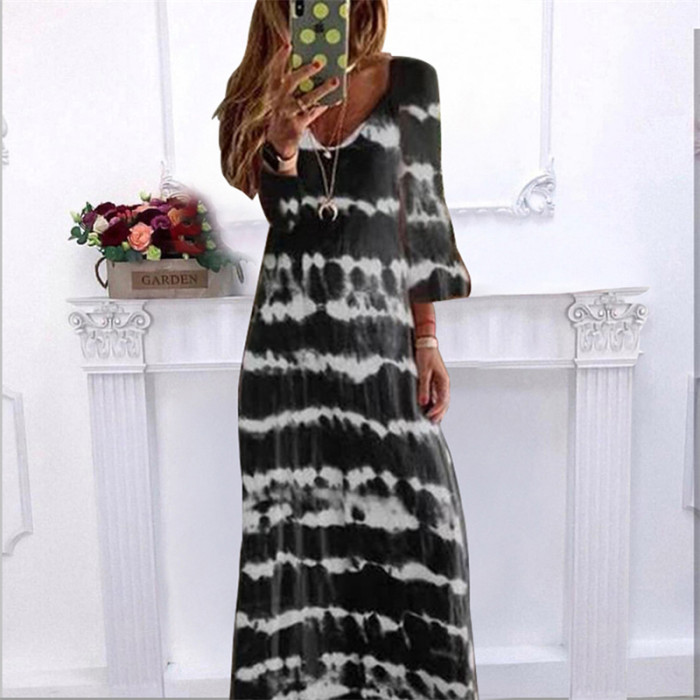 Fashionable V-neck Loose Casual Tie-Dye Printed Stripe  Maxi Dress