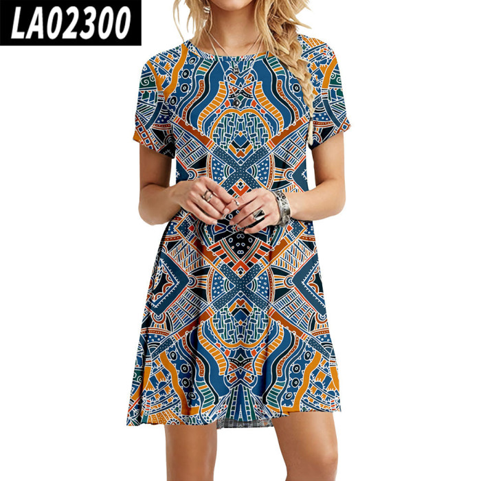 Fashion Printed O-Neck Bohemian Sweet Casual Ruffle Dress