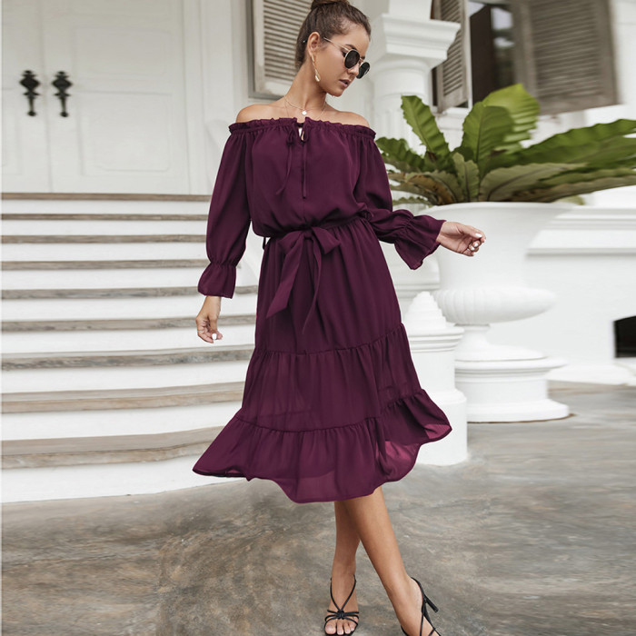 Sexy Off Shoulder Party Casual Solid Color High Waist Ruffle Loose Casual Dress