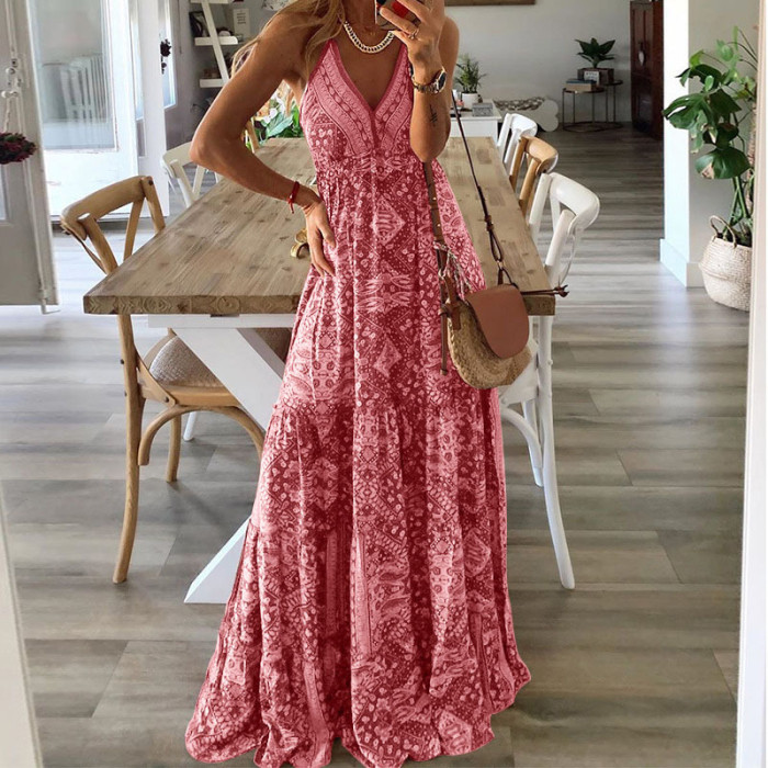 Sexy Women V Neck Party Vintage Print Boho Elegant Fashion Wedding Guest Dresses