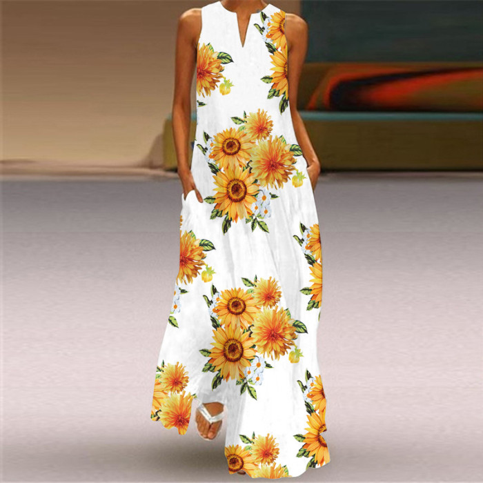 Trendy Sleeveless Print Beach Elegant V Neck Boho Party Wedding Guest Dresses