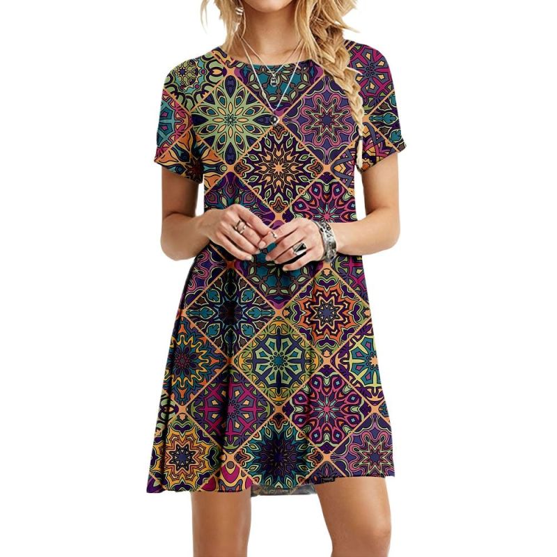 Fashion Printed O-Neck Bohemian Sweet Casual Ruffle Dress