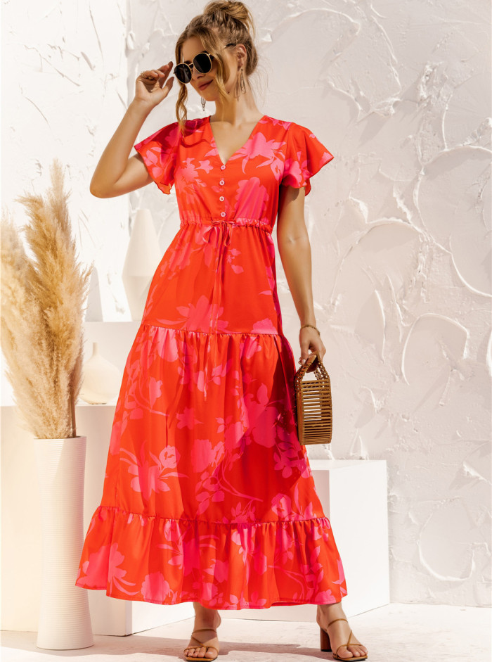 Women's Bohemian V Neck Print Tie Fashion Ruffled  Wedding Guest Dresses