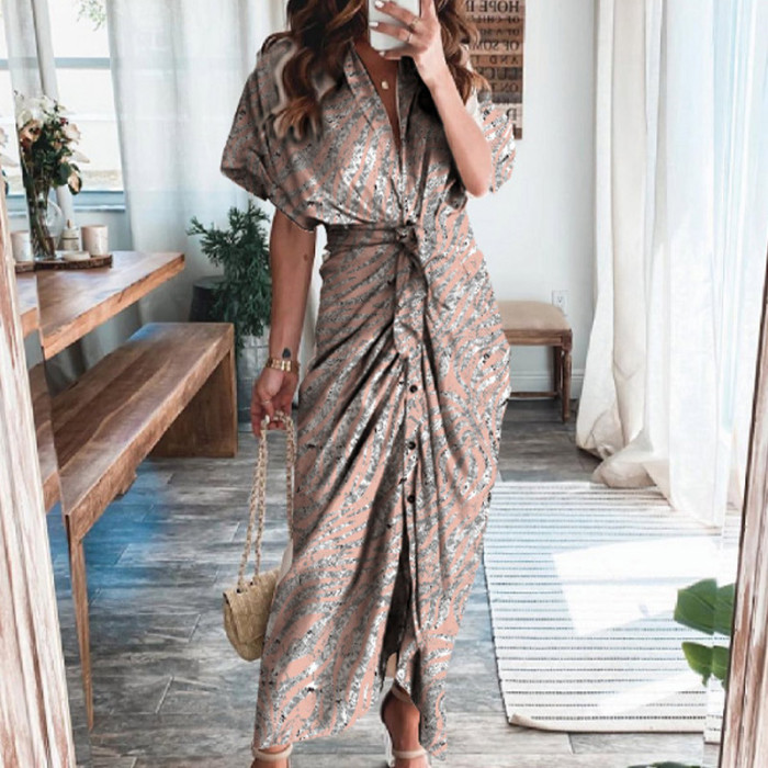 Elegant V Neck Ruffle Fashion Casual Print Beach Party Wedding Guest Dresses