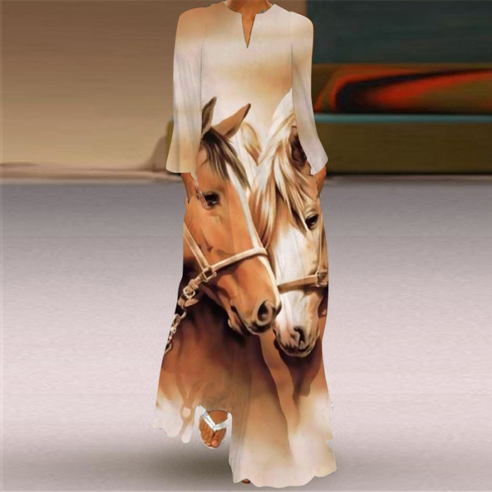 Vintage Print Fashion V Neck Long Sleeve Pocket Party Maxi Dress