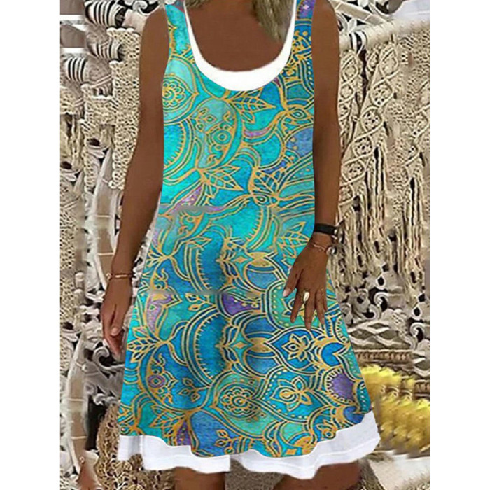 Fashion Butterfly Print Fake Two Piece Tank Top Bohemian Casual Dress