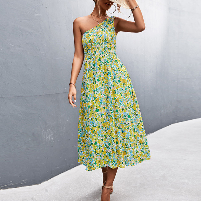 Sexy One Shoulder Floral Print Beach Sleeveless Elastic High Waist Boho Wedding Guest Dresses